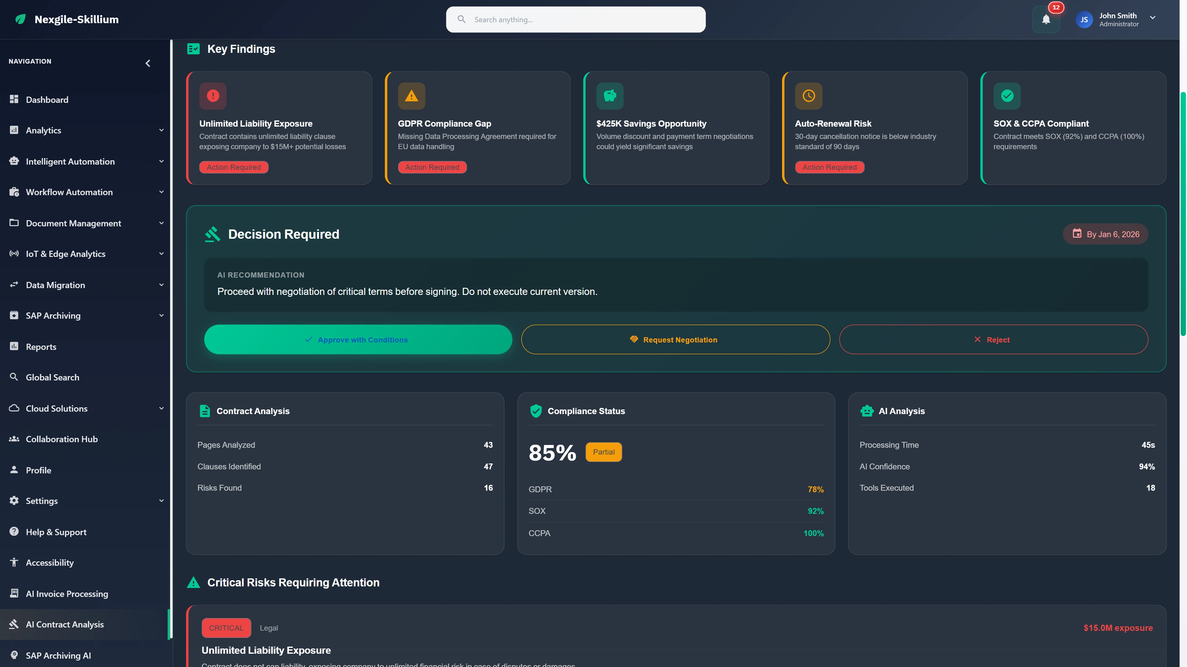 Executive Summary & Decision - Key findings with actionable recommendations, compliance status, and approval workflow options